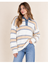 Candice Denim Trim Sweater Top | Yellow Stripe