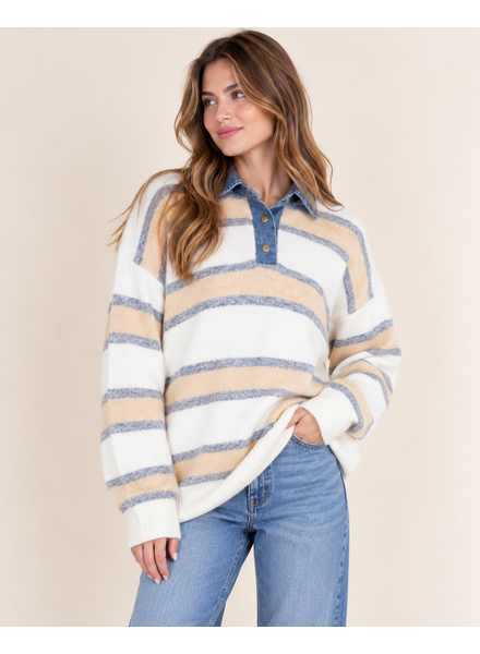 Candice Denim Trim Sweater Top | Yellow Stripe