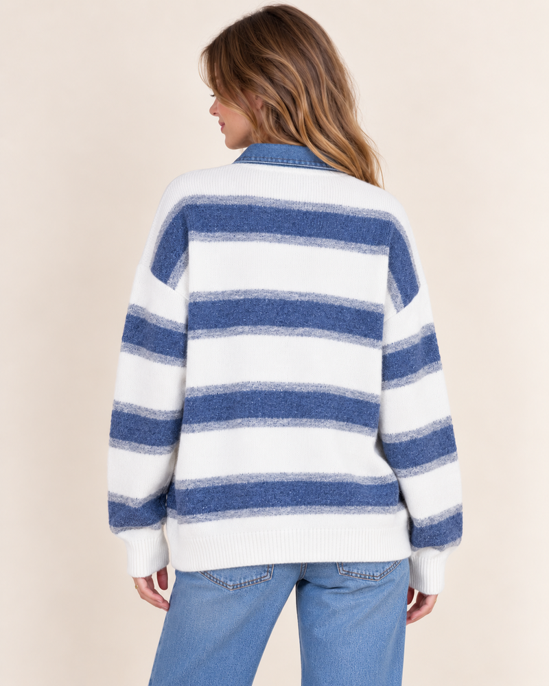 Candice Denim Trim Sweater Top | Blue Stripe