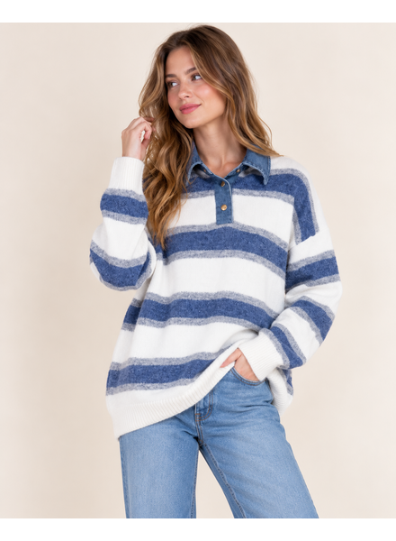 Candice Denim Trim Sweater Top | Blue Stripe