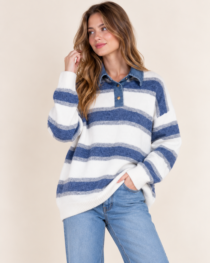 Candice Denim Trim Sweater Top | Blue Stripe
