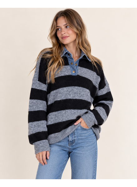Candice Denim Trim Sweater Top | Black Stripe