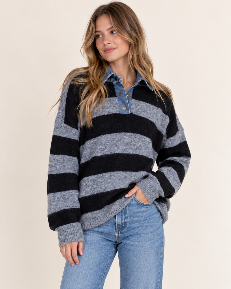 Candice Denim Trim Sweater Top | Black Stripe