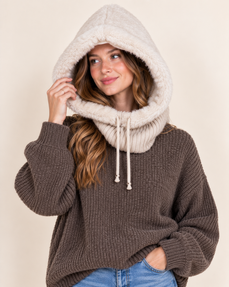 Belle 2-in-1 Vegan Fur Hood Scarf | Biege