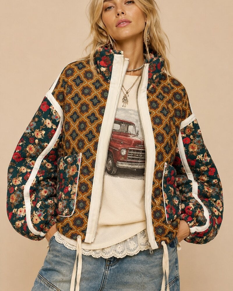 Patchwork Quilted Bomber | Brown