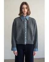 Chambray Denim Contrast Knit Cardigan | Grey