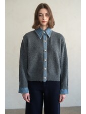 Chambray Denim Contrast Knit Cardigan | Grey
