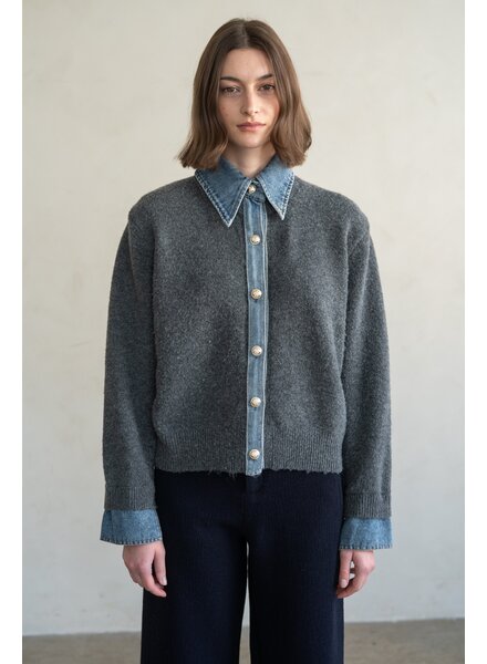 Chambray Denim Contrast Knit Cardigan | Grey
