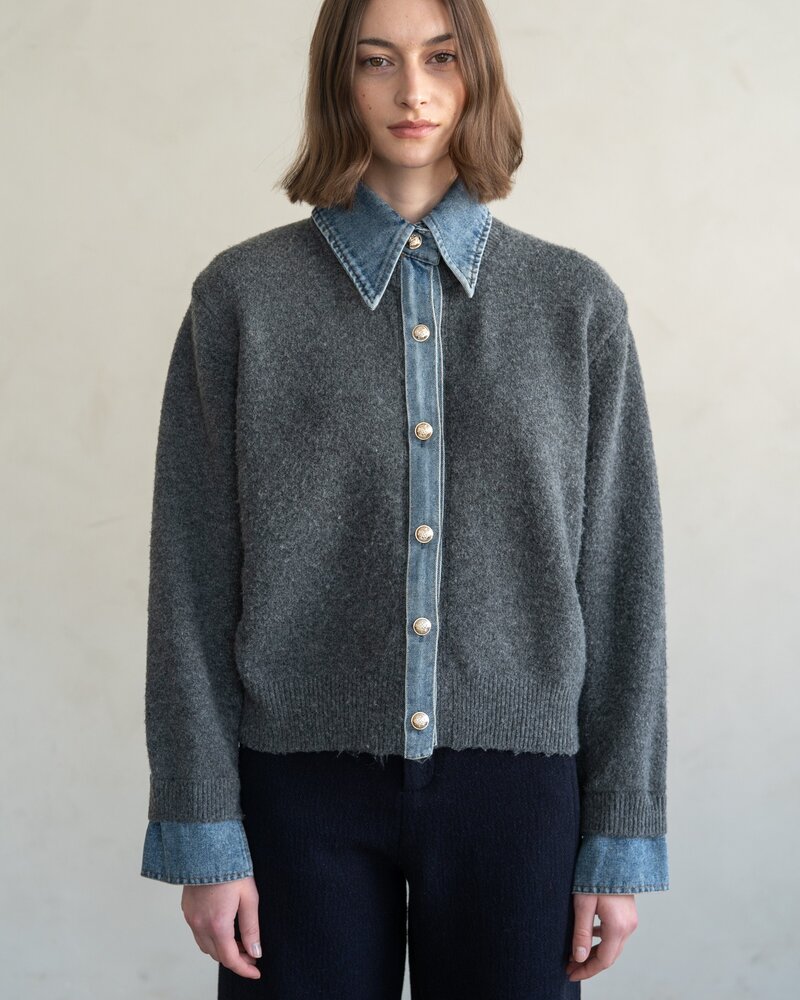 Chambray Denim Contrast Knit Cardigan | Grey