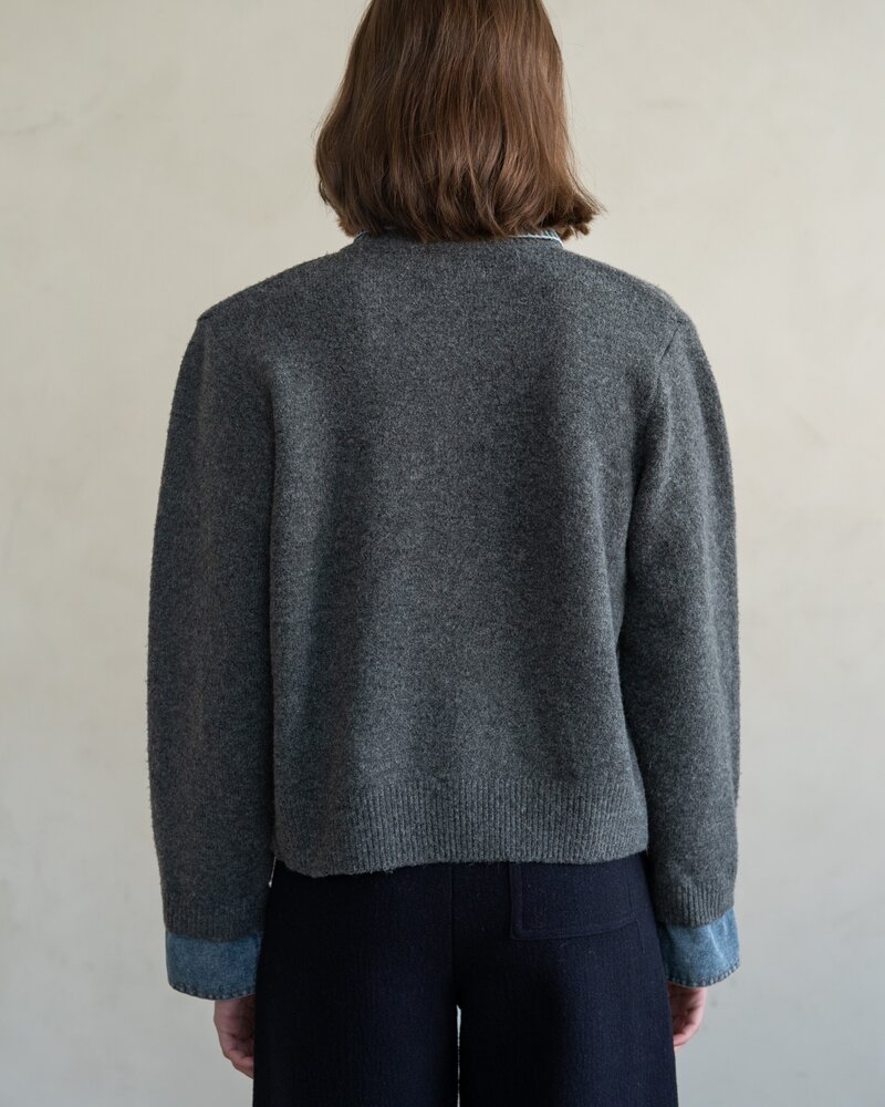 Chambray Denim Contrast Knit Cardigan | Grey