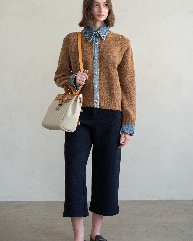 Chambray Denim Contrast Knit Cardigan | Rust