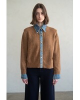 Chambray Denim Contrast Knit Cardigan | Rust