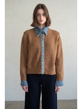Chambray Denim Contrast Knit Cardigan | Rust