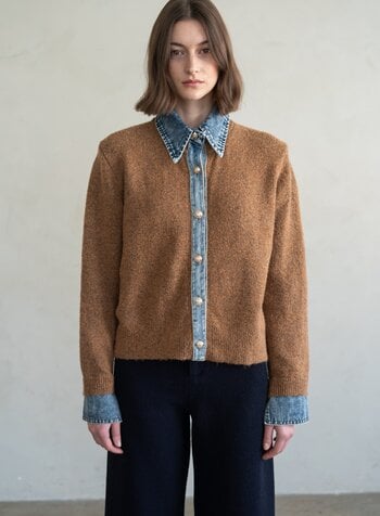 Chambray Denim Contrast Knit Cardigan | Rust