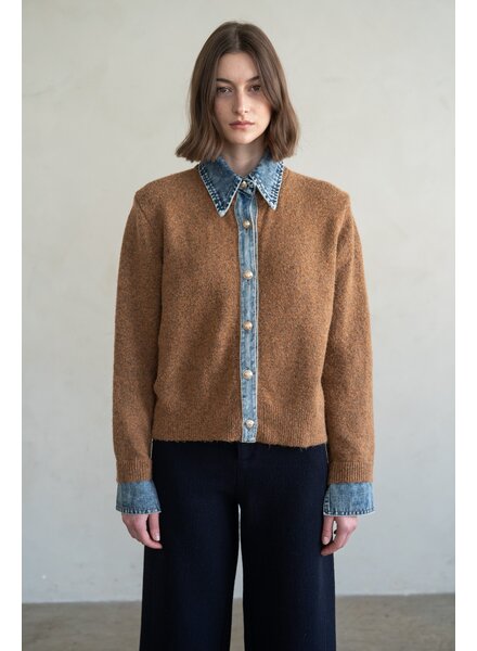 Chambray Denim Contrast Knit Cardigan | Rust