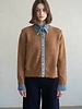 Chambray Denim Contrast Knit Cardigan | Rust