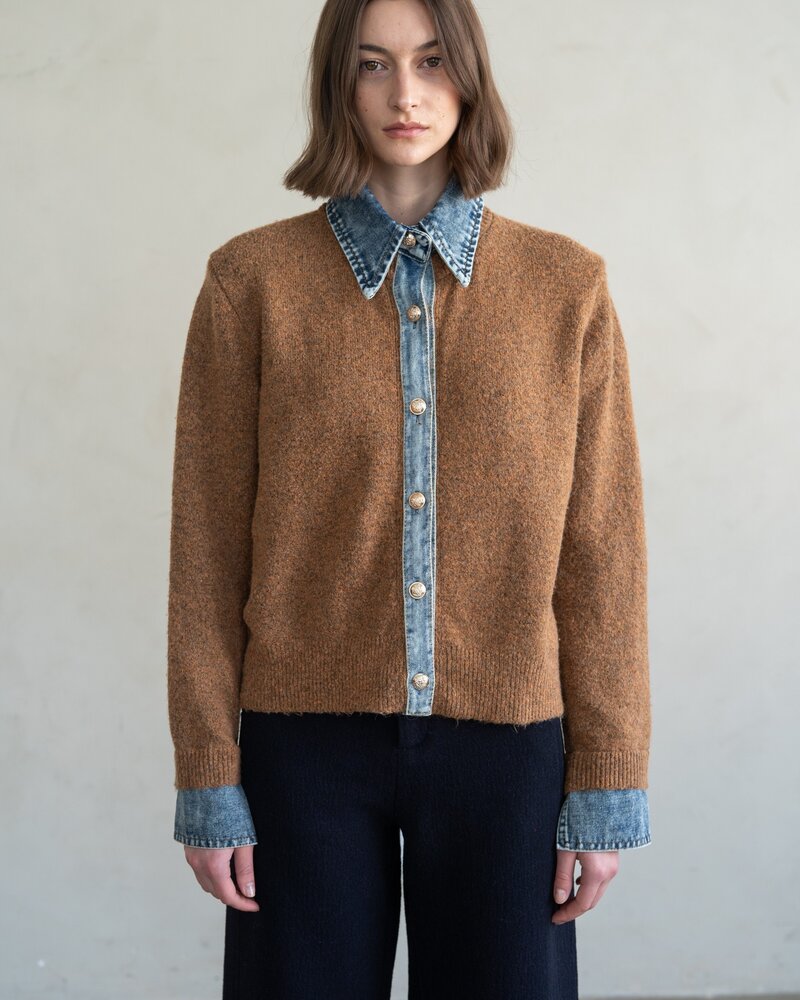 Chambray Denim Contrast Knit Cardigan | Rust