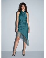 Hannah Satin Asymmetrical Fringe Halter Dress | Teal
