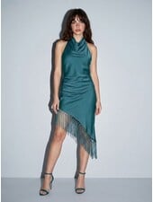 Hannah Satin Asymmetrical Fringe Halter Dress | Teal