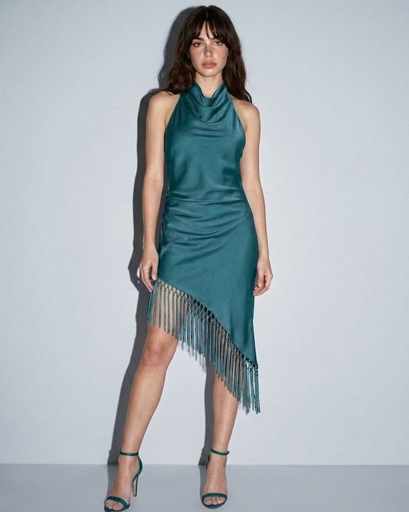 Hannah Satin Asymmetrical Fringe Halter Dress | Teal