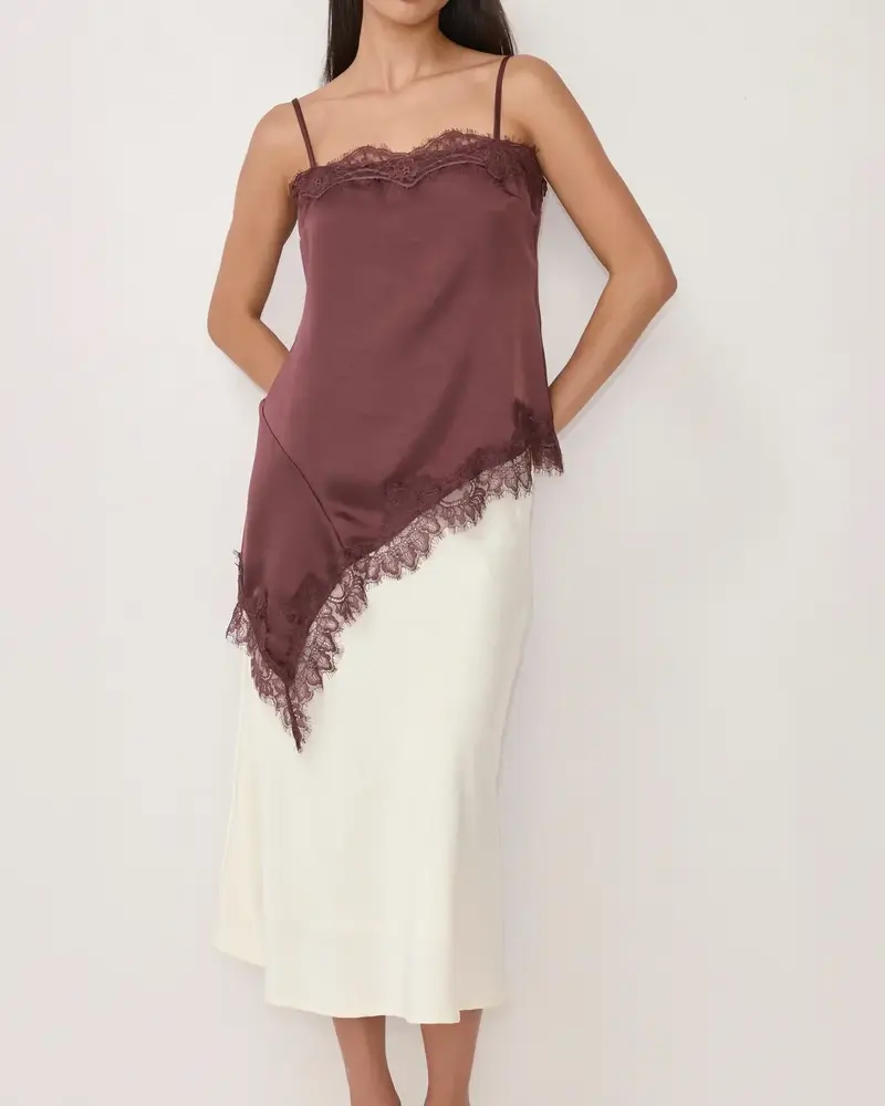 The Ella Asymmetrical Lace Satin Tank | Plum