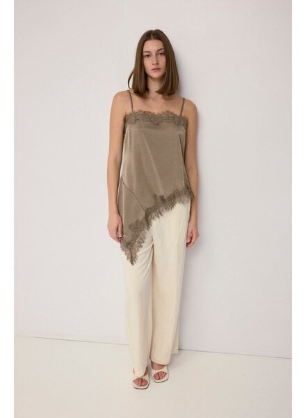 The Ella Asymmetrical Lace Satin Tank | Taupe