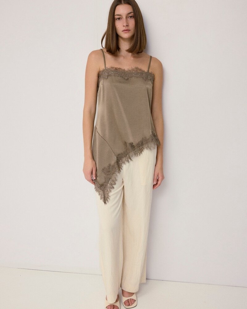 The Ella Asymmetrical Lace Satin Tank | Taupe