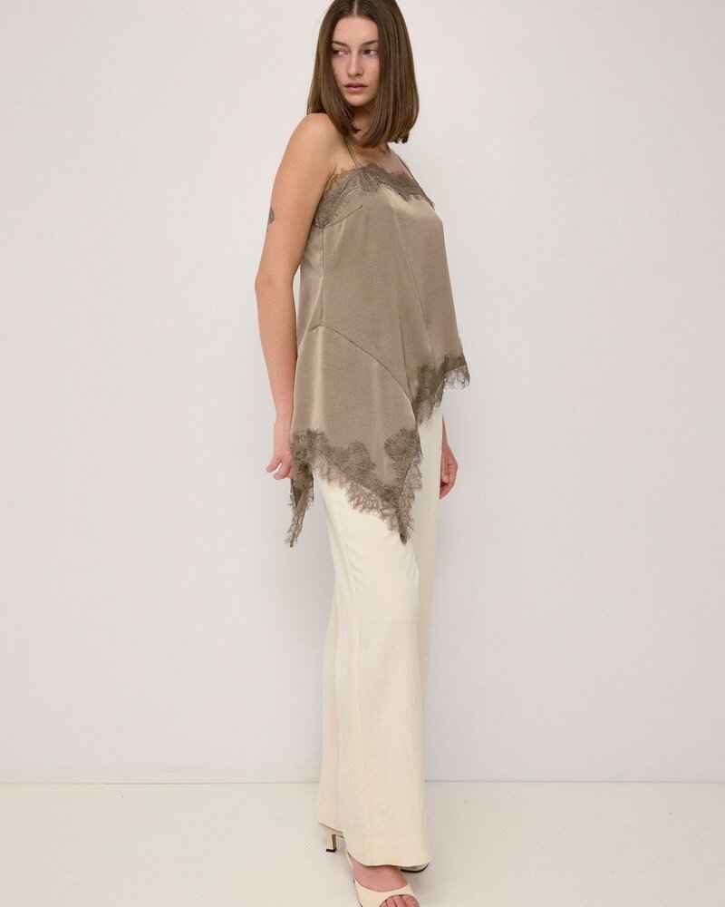 The Ella Asymmetrical Lace Satin Tank | Taupe