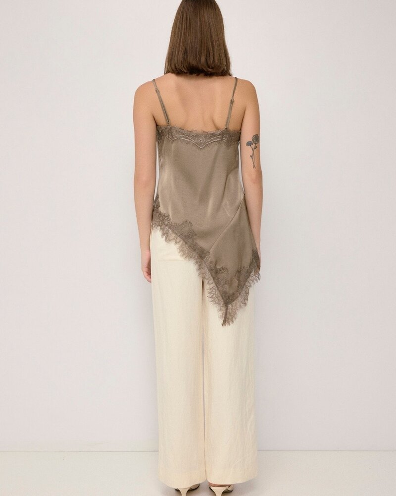 The Ella Asymmetrical Lace Satin Tank | Taupe