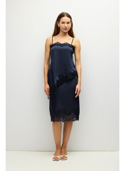 The Ella Asymmetrical Lace Satin Tank | Navy
