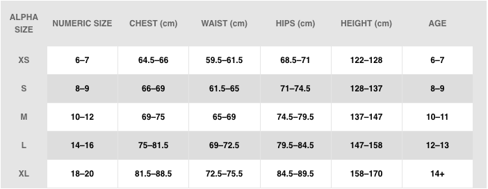 size chart jersey nike