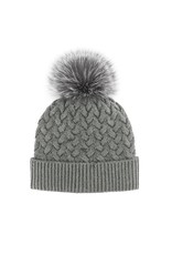 Braided Knit Hat with Fox Fur Pom