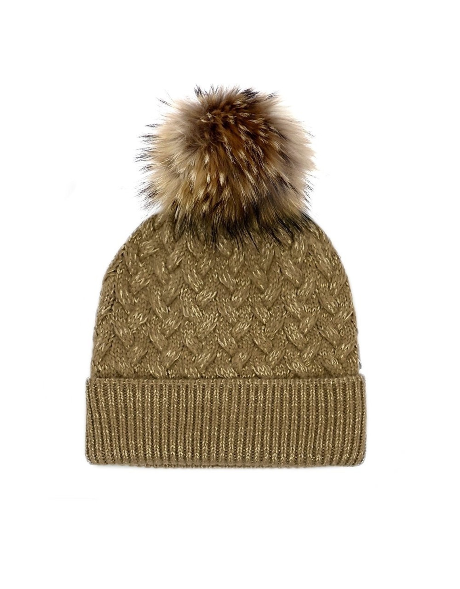 Bonnet en Tricot Tressé avec Pompon en Fourrure de Renard