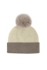 2 Tone Knit Hat with Fox Pom Pom
