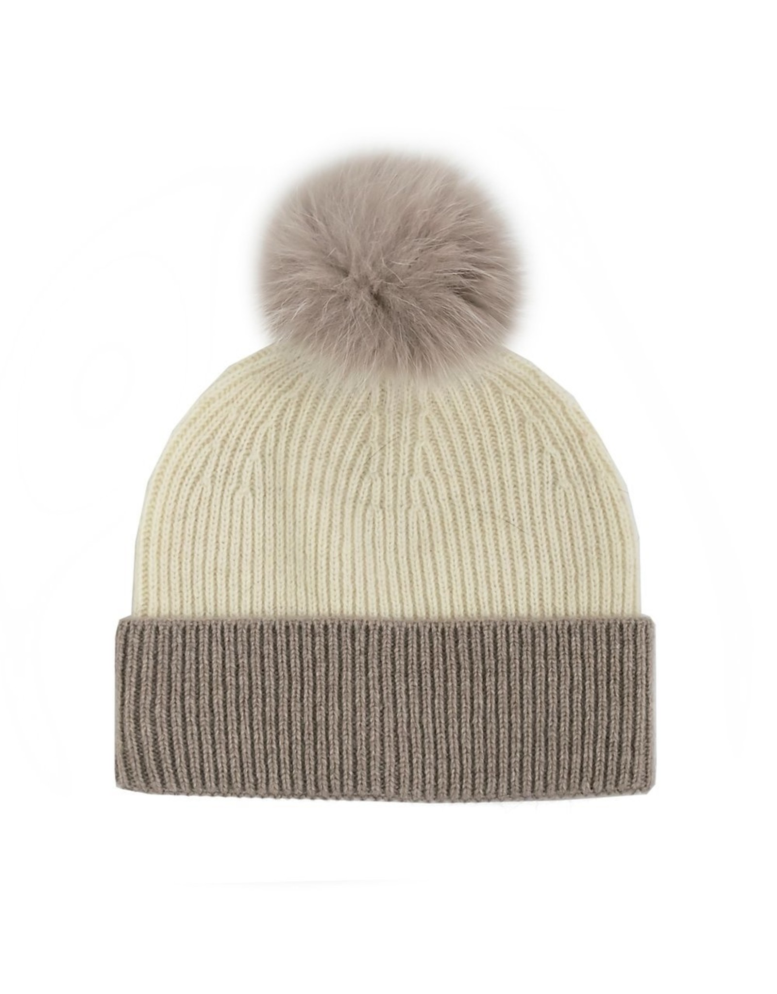 2 Tone Knit Hat with Fox Pom Pom