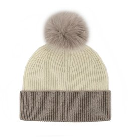 2 Colour Knit Hat with Fox Pom