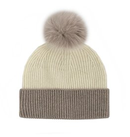 2 Tone Knit Hat with Fox Pom Pom