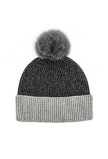 2 Tone Knit Hat with Fox Pom Pom