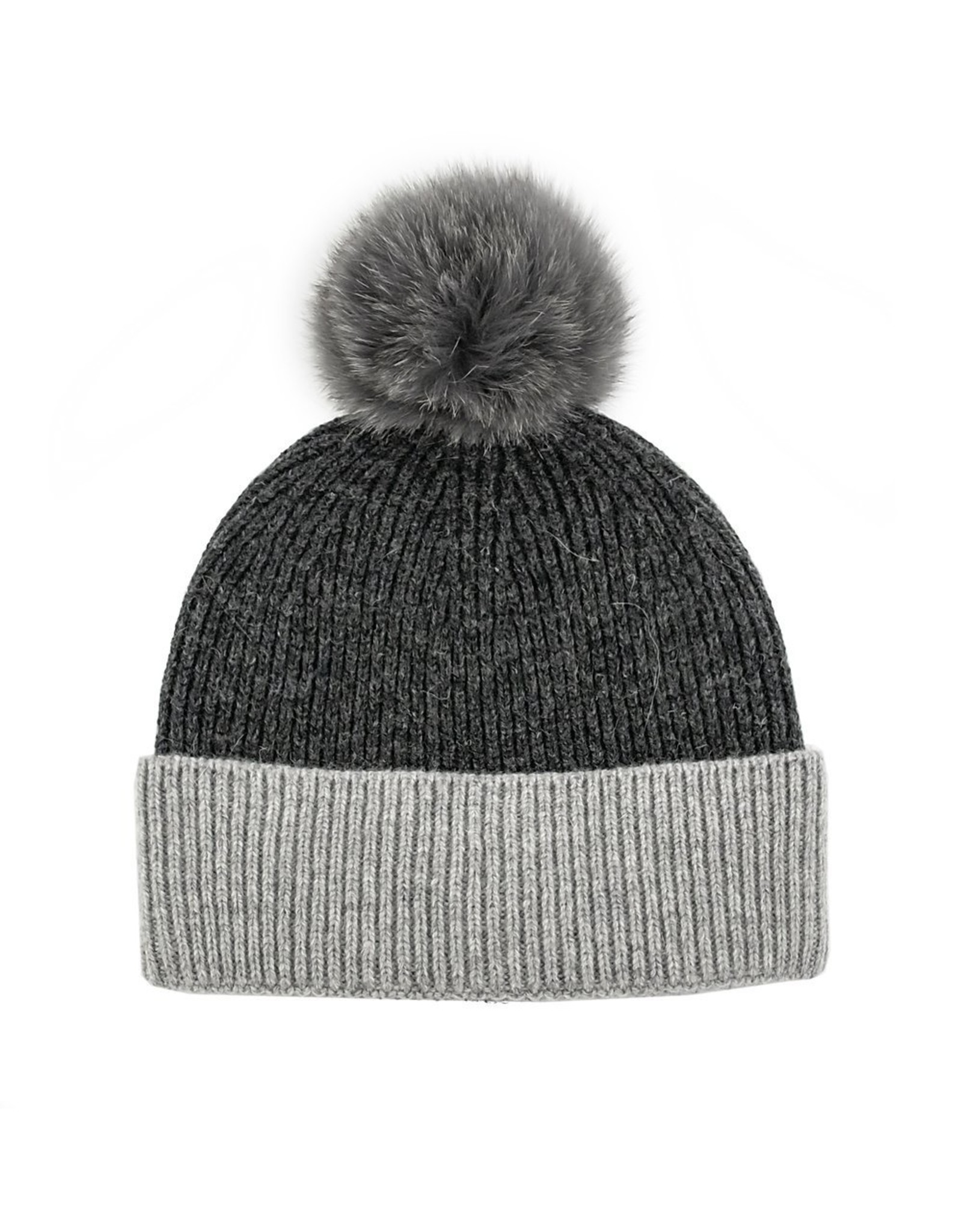2 Tone Knit Hat with Fox Pom Pom