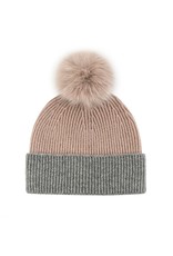 2 Tone Knit Hat with Fox Pom Pom