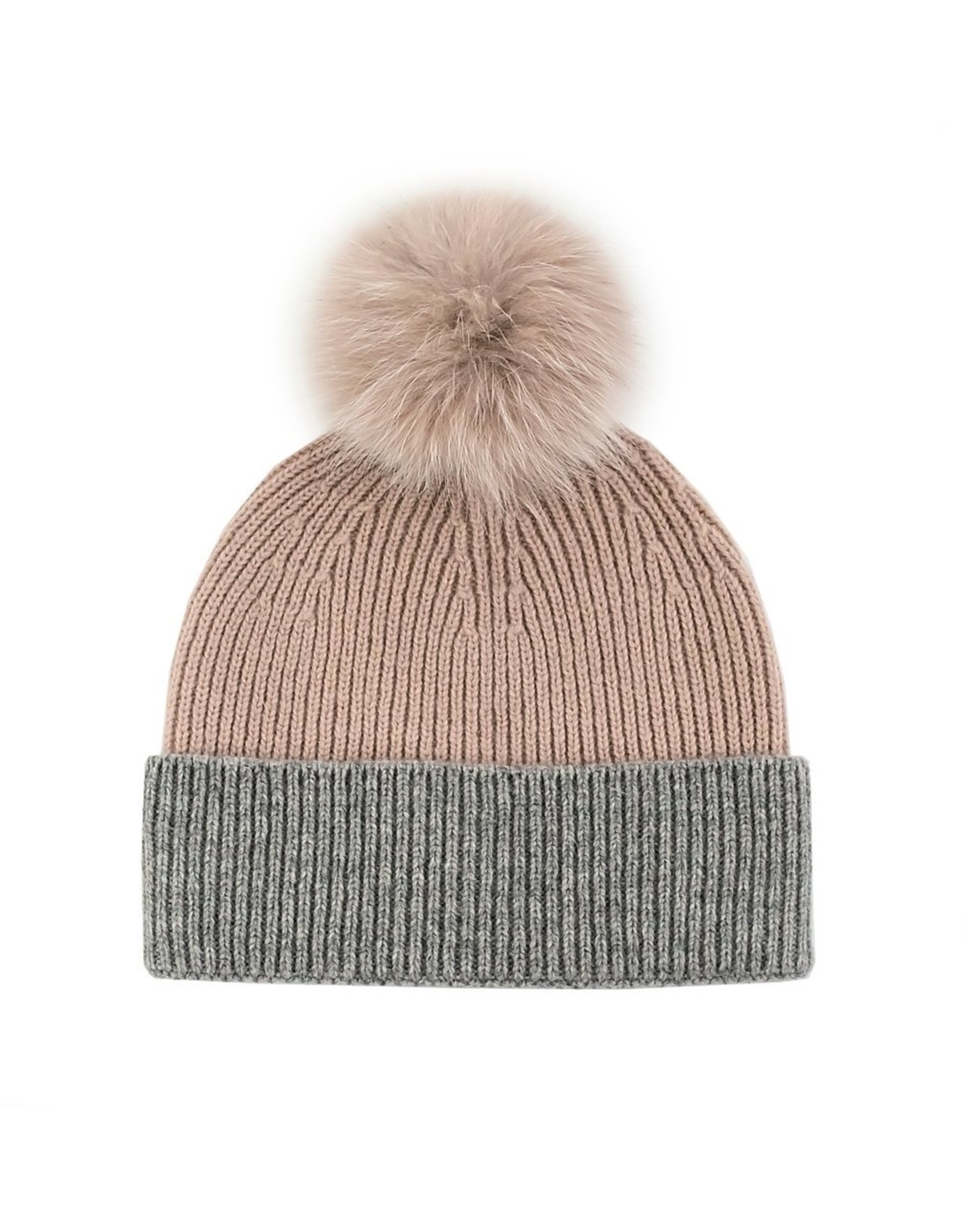 2 Tone Knit Hat with Fox Pom Pom