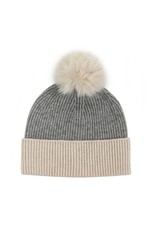 2 Tone Knit Hat with Fox Pom Pom