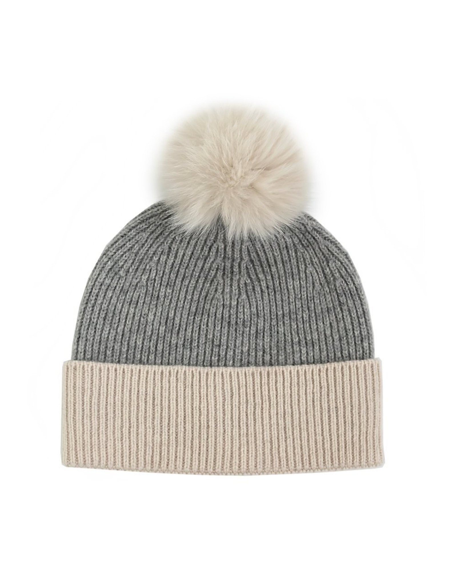2 Tone Knit Hat with Fox Pom Pom
