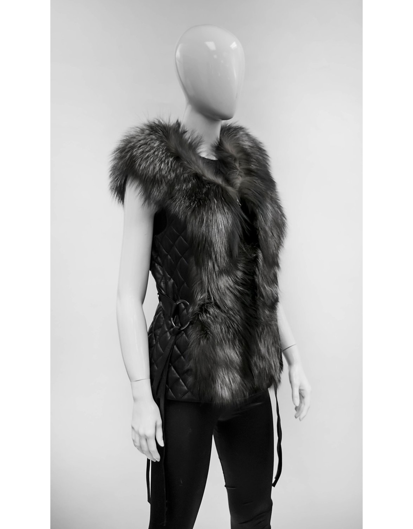 Black Leather Vest with Fox Fur