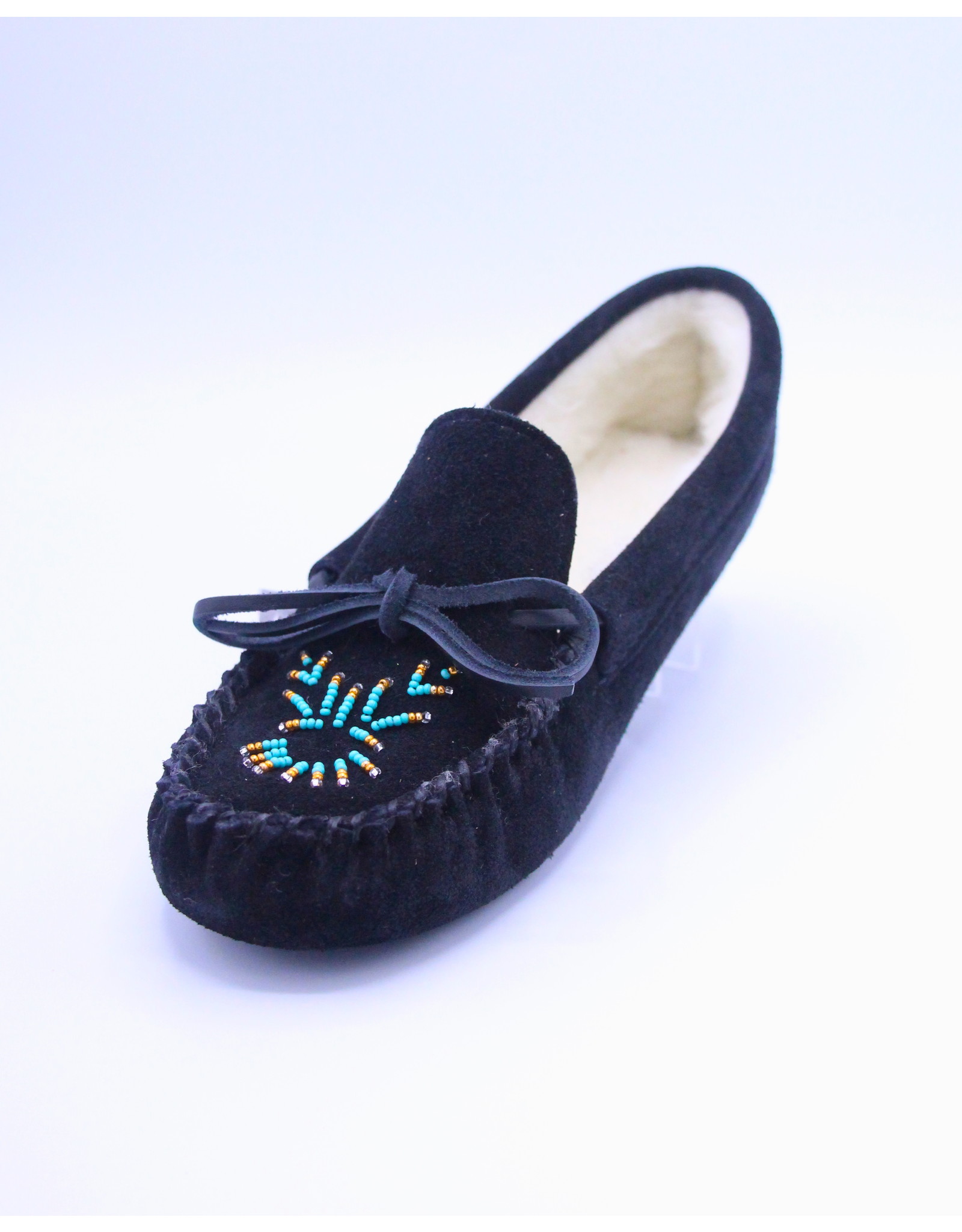 Ladies Moccasin Slippers Lined and Beaded - Black