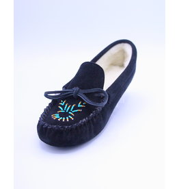 Ladies Moccasin Slippers Lined and Beaded - Black