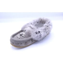 Ladies Grey Suede Fur Moccasin Slipper with Sole