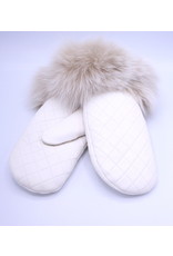 Quilted Leather Mitt with Fox Trim White/Blush - M/L