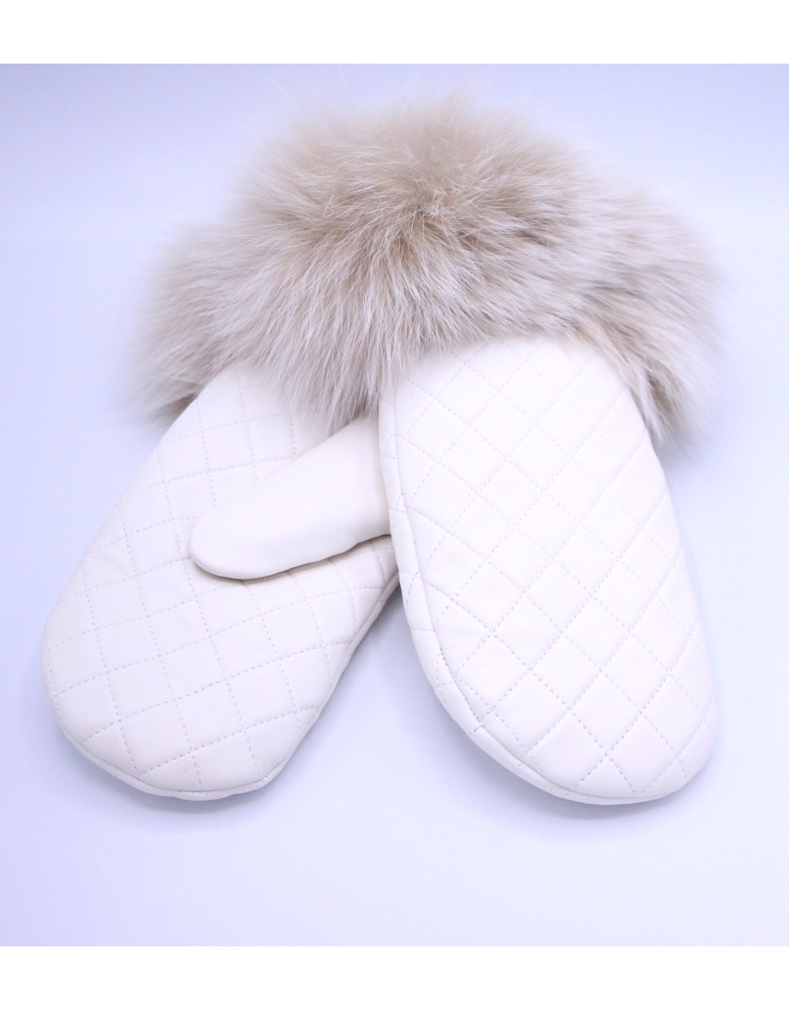 Quilted Leather Mitt with Fox Trim White/Blush - M/L
