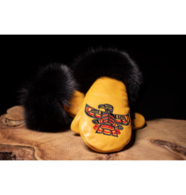 Moosehide Mitt Gold with Fur & Eagle